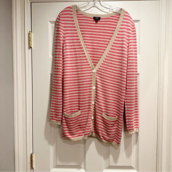 Talbots Sweater Medium 100% Pure Cashmere Cardigan Tan Pink Striped Long Sleeve - Picture 6 of 13
